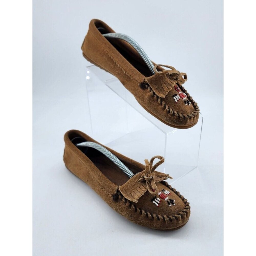 Minnetonka Women's Thunderbird Suede Leather Moccasins Beaded Fringe Tan 607T 9